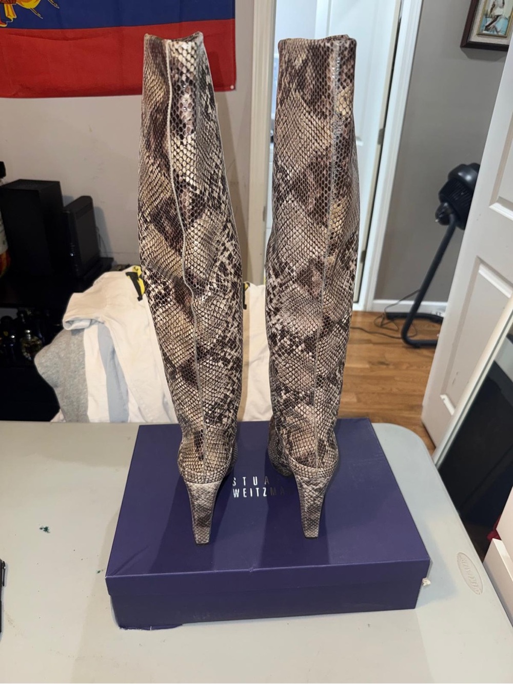 Stuart Weitzman Over-the-Knee Snake-Print Boots in Taupe and Black - Picture 3 of 7